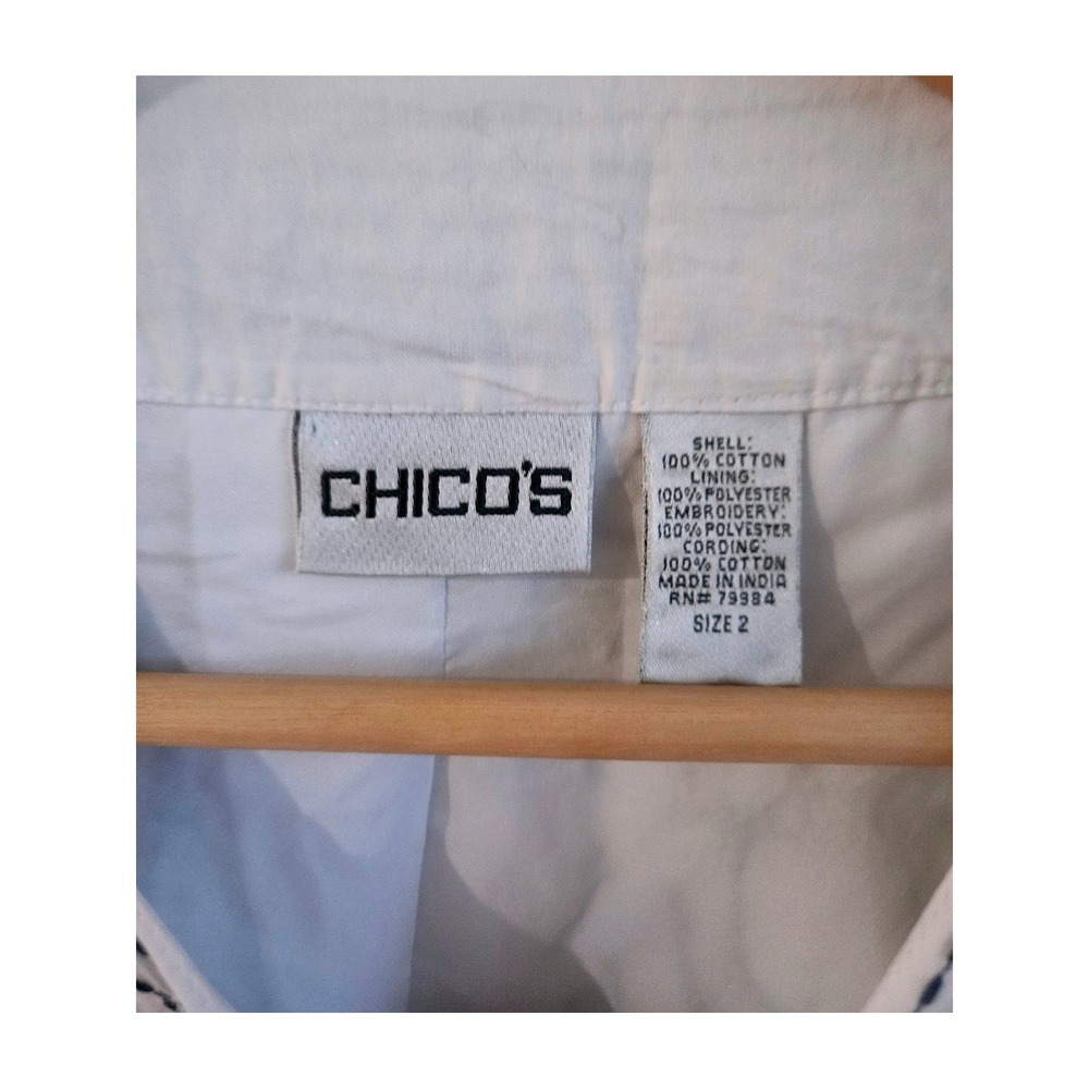 Chico's Embroidered Jacket Women Size 2 White Navy Blue Excellent Boho Artsy - Picture 4 of 7